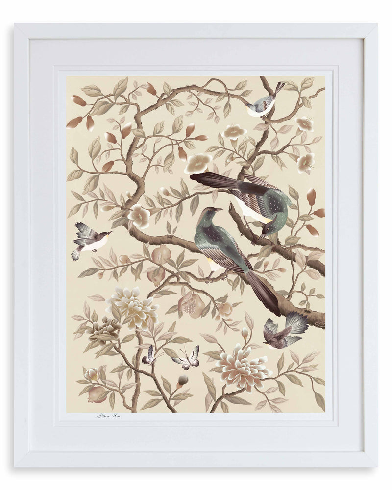 Diane Hill's Felicity Chinoiserie art print in neutral, cream tones. This print features two painted birds on a branch, amongst beautiful flowers, pomegranates, leaves and butterflies. 