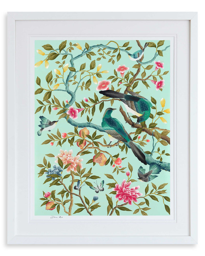 Felicity Art Print, framed in a classic white frame. The Felicity art print by Diane Hill is a beautiful modern Chinoiserie art print featuring songbirds perched on a branch against a riot of bright, colourful flowers