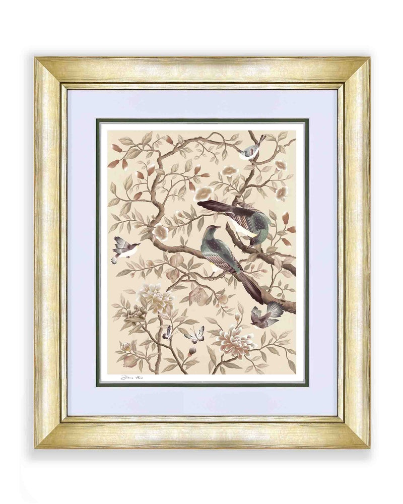 Gold Framed Antique Chinoiserie Painting of Birds and Flowers