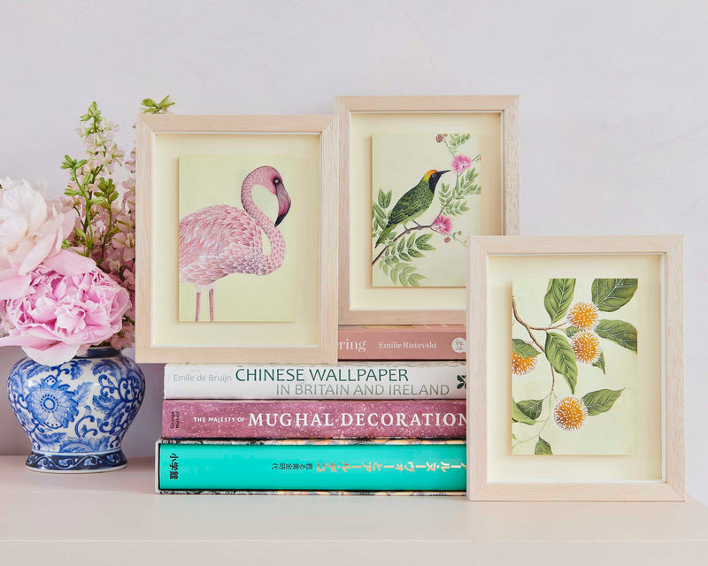 A collection of framed mini art prints are carefully arranged on a shelf, resting atop a stack of books