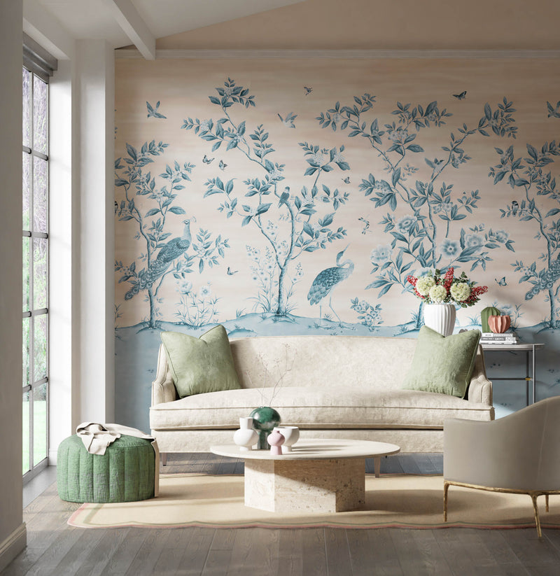 Florence Wallpaper - Powder/China Blue, living room, sitting room, lounge, Wall decor, Floral wallpaper