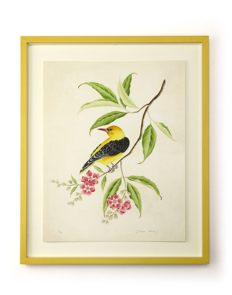gold sparkle embellished vintage botanical wall art print with chinoiserie style yellow bird and flowers nature art Chinese art