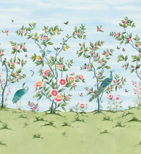 Chinoiserie mural spectacular peacock heron birds butterflies lush foliage peony blossom make up a magical summer garden dining/living/bedroom 