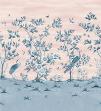 pink and blue classic chinoiserie wallpaper featuring chinese illustration style peacocks, birds, and botanicals