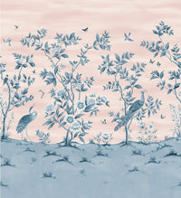 Florence Powder/China Blue Chinoiserie mural spectacular peacock heron birds butterflies lush foliage peony blossom make up a magical summer garden dining/living/bedroom 