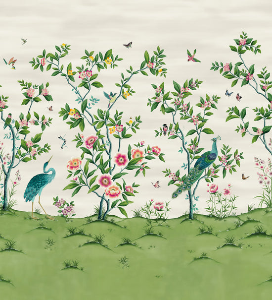 classic chinoiserie wallpaper featuring chinese illustration style peacocks, birds, and botanicals 