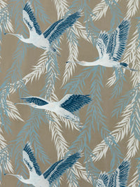 blue tonal botanical wallpaper featuring chinoiserie style birds