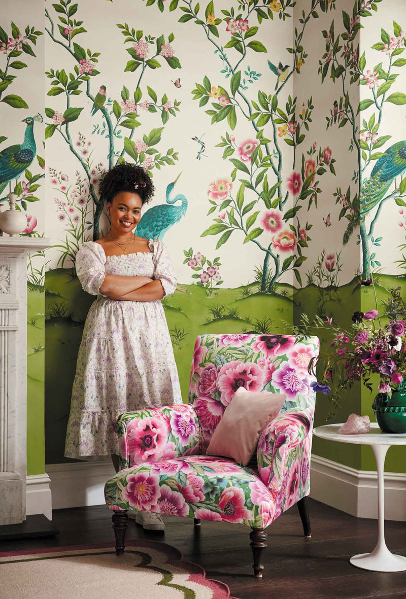 Florence mural wallpaper, brightly coloured, Fig Blossom/Apple/Peony, based on ancient Chinese art, home design