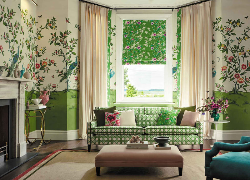 Colourful chinoserie fabric, botanical, Apple/Magenta colours, upholstery, blinds, curtains, Interior decor