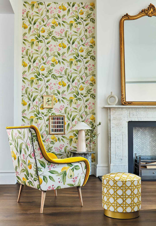Fig Leaf/Honey/Blossom Floral wallpaper, Interior design for the lounge, living room, sitting room, bedroom, Chinoserie