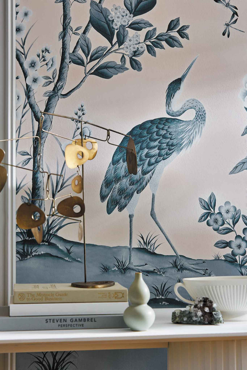 Powder/China Blue Botanical wallpaper, living room, sitting room, interior design, floral wallpaper