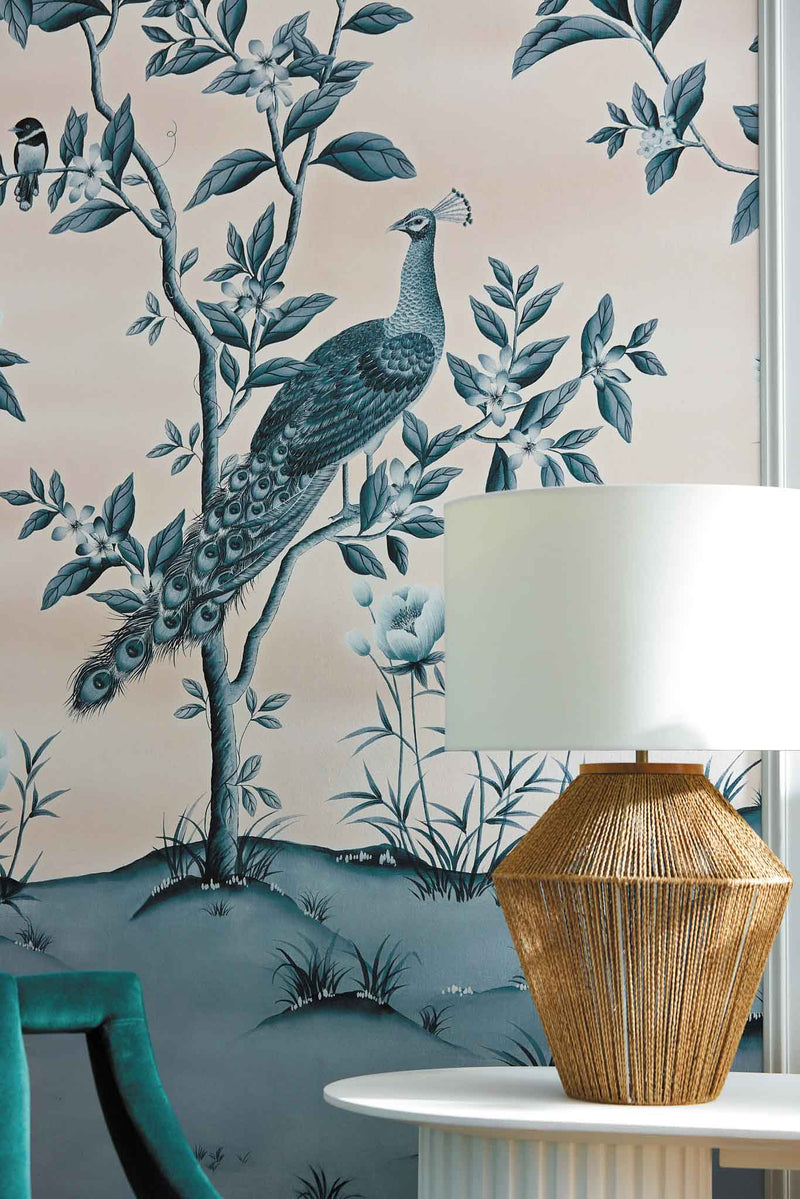 Florence peacock and flower wallpaper, Powder/China blue colours, Home design, Botanical wallpaper