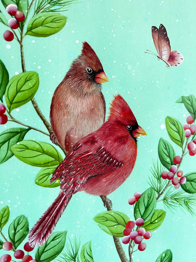 Turquoise Art Print with Red Cardinal Birds, Chinoiserie Bedroom Ideas