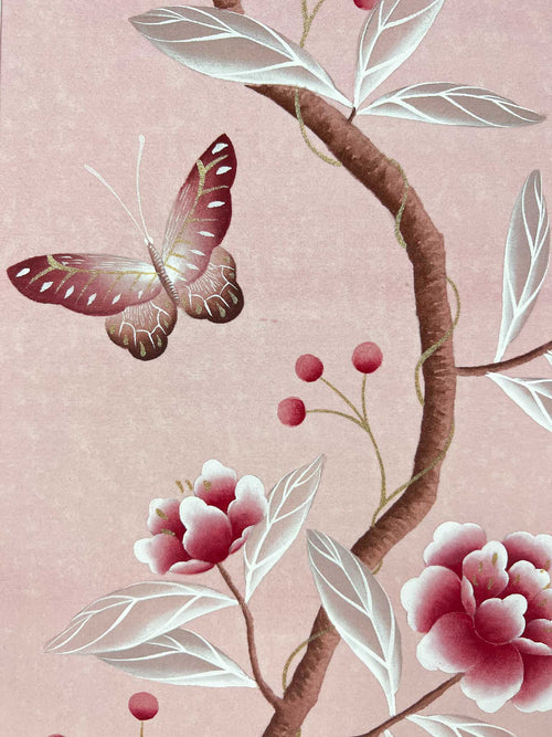 close up of luxury pink floral nature blossom flower butterfly chinoiserie painting watercolour painting gouache painting watercolor gouache Chinese painting style botanical painting original artwork collectable art