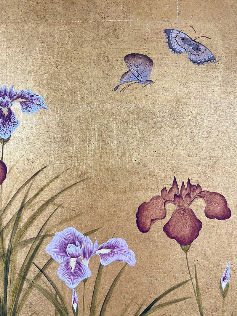 Antique Gold Iris And Butterflies Original Painting