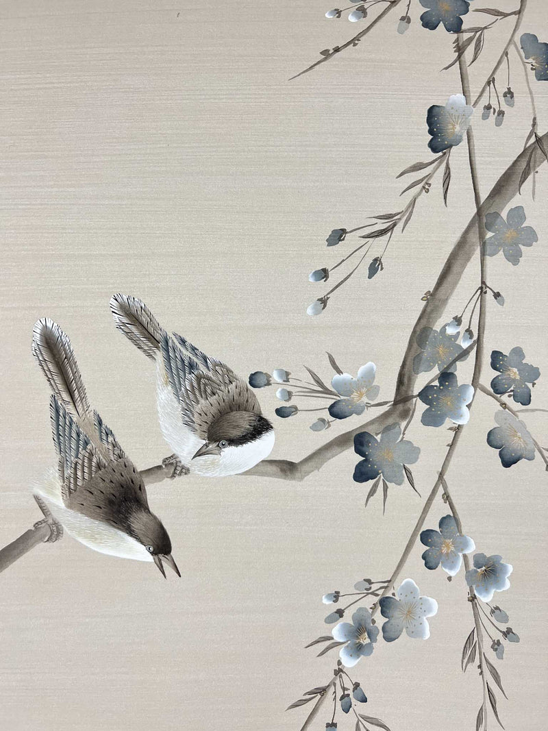 Two Birds And Cherry Tree On Silk Original Painting