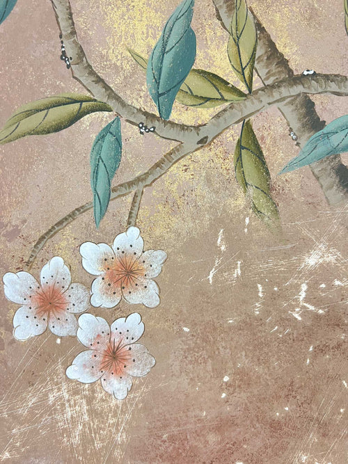 close up of luxury gold distressed floral nature bird chinoiserie painting watercolour painting gouache painting watercolor gouache Chinese painting style botanical painting original artwork collectable art