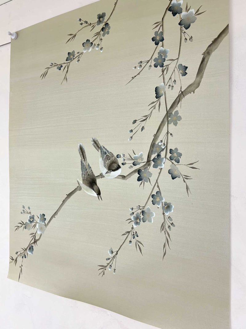 Two Birds And Cherry Tree On Silk Original Painting