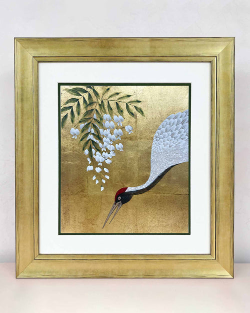 framed botanical chinoiserie painting on gold leaf paper featuring Japanese style crane under white wisteria