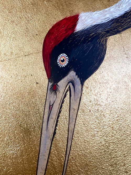 close up of Japanese crane on gold leaf gouache watercolour painting