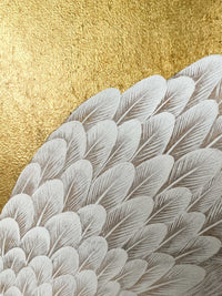 close up of botanical chinoiserie painting on gold leaf paper featuring Japanese style crane under white wisteria