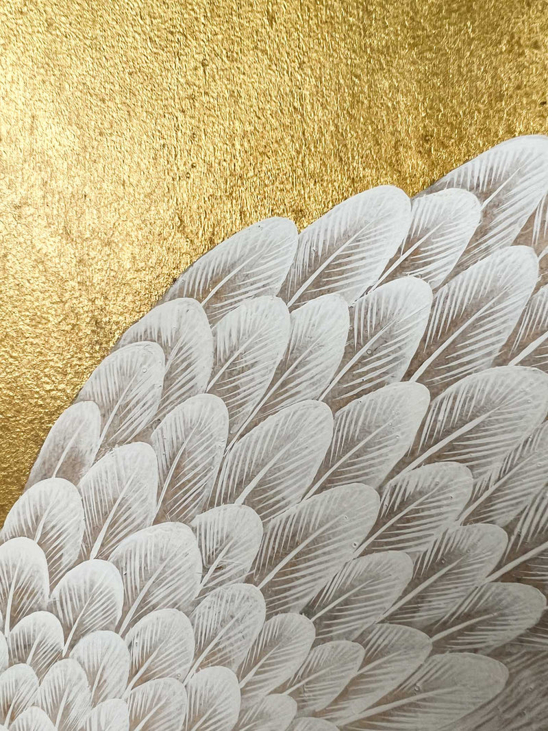 close up of botanical chinoiserie painting on gold leaf paper featuring Japanese style crane under white wisteria