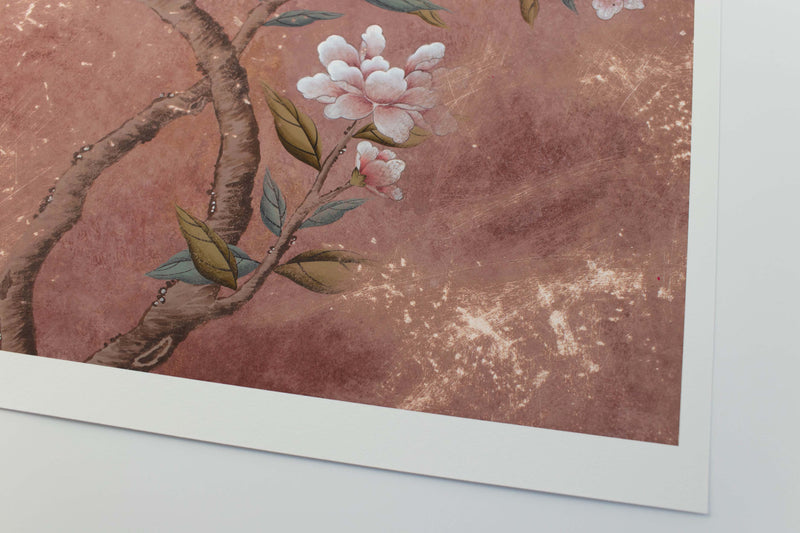 Showing the quality of the Alexandra Chinoiserie art print up close and the luxurious paper, finished with Diane's signature. 