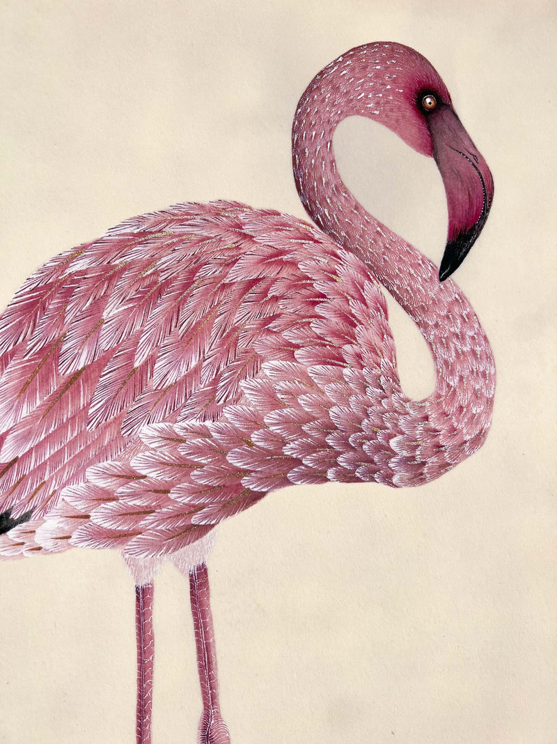 gold sparkle embellished vintage pink flamingo botanical wall art print chinoiserie style art