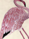 close up of wall art print featuring gold sparkle embellished botanical pink flamingo