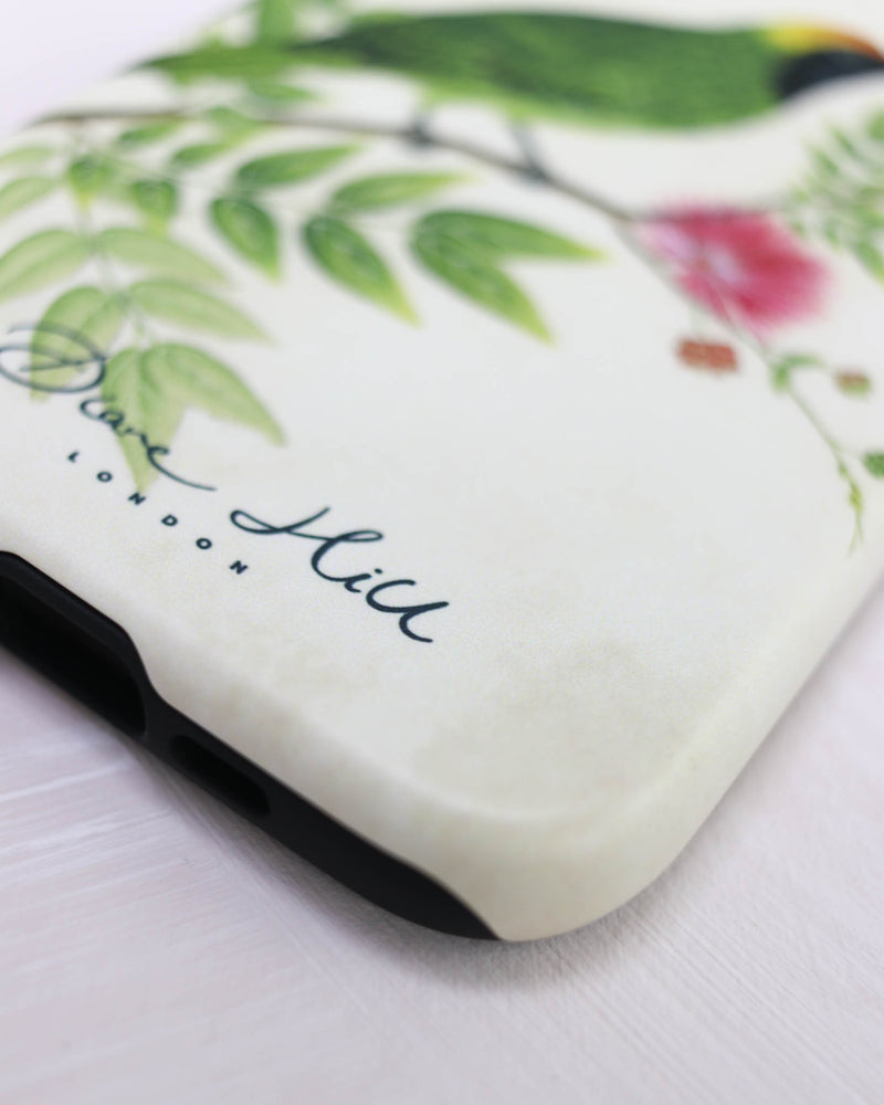 close up of Luxury phone case featuring vintage style botanical bird on tree branch with flowers