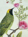 close up of botanical wall art print featuring gold sparkle embellished exotic bird on tree branch with flowers