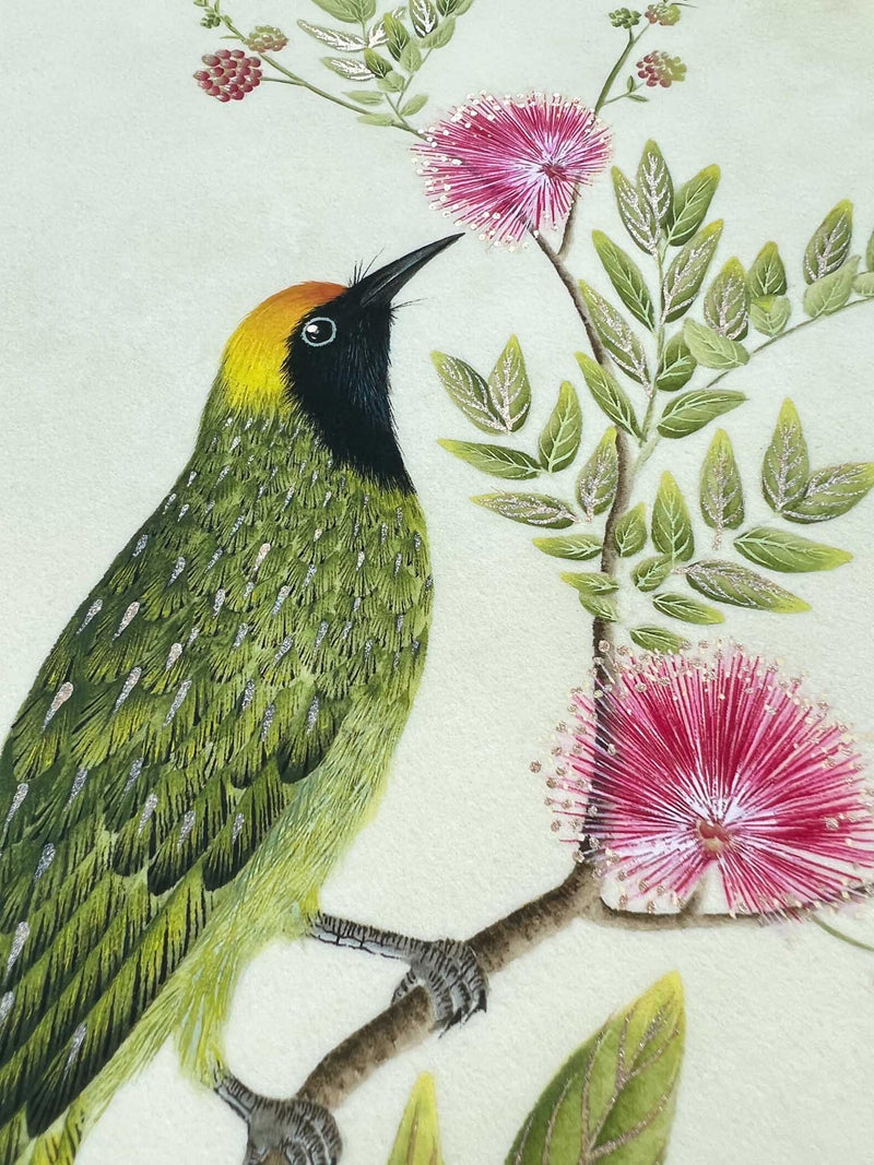 Close up of hand painted gold detail botanical bird art