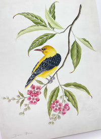 close up of botanical wall art print featuring gold sparkle embellished exotic bird on tree branch with flowers