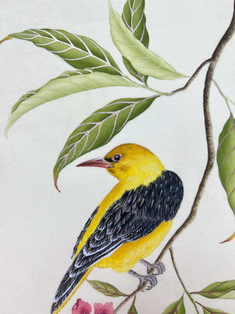 close up of botanical wall art print featuring gold sparkle embellished exotic bird on tree branch with flowers