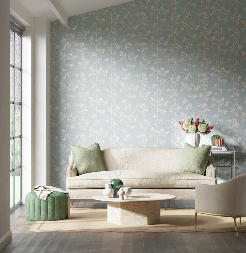 blue botanical wallpaper featuring chinoiserie style bamboo in modern living room