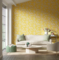 yellow botanical wallpaper featuring chinoiserie style bamboo in modern living room