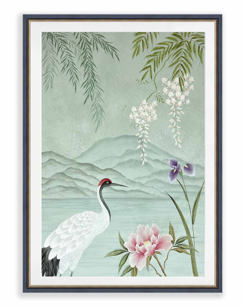 framed Japanese style chinoiserie painting featuring crane, flowers, and hanging wisteria on blue mountain background