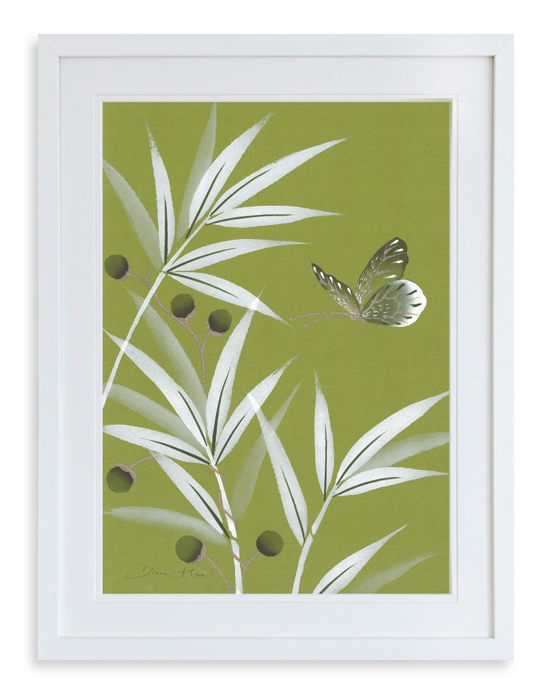 framed green and white chinoiserie wall art print featuring bamboo a butterfly