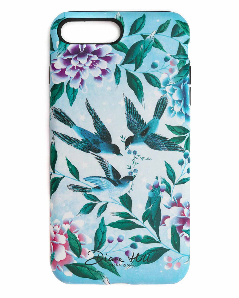 The Julia phone case by Diane Hill, against a white background. The Julia design by Diane Hill is a bright and joyful modern chinoiserie design, featuring two swooping songbirds set against a turquoise background, framed by leaves and flowers