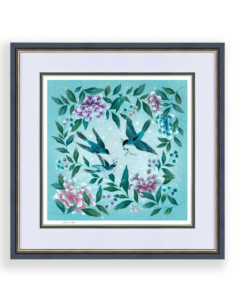 blue framed chinoiserie wall art print featuring three vintage inspired birds surrounded by leaves and flowers