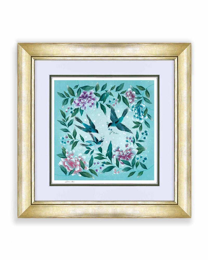blue framed chinoiserie wall art print featuring three vintage inspired birds surrounded by leaves and flowers