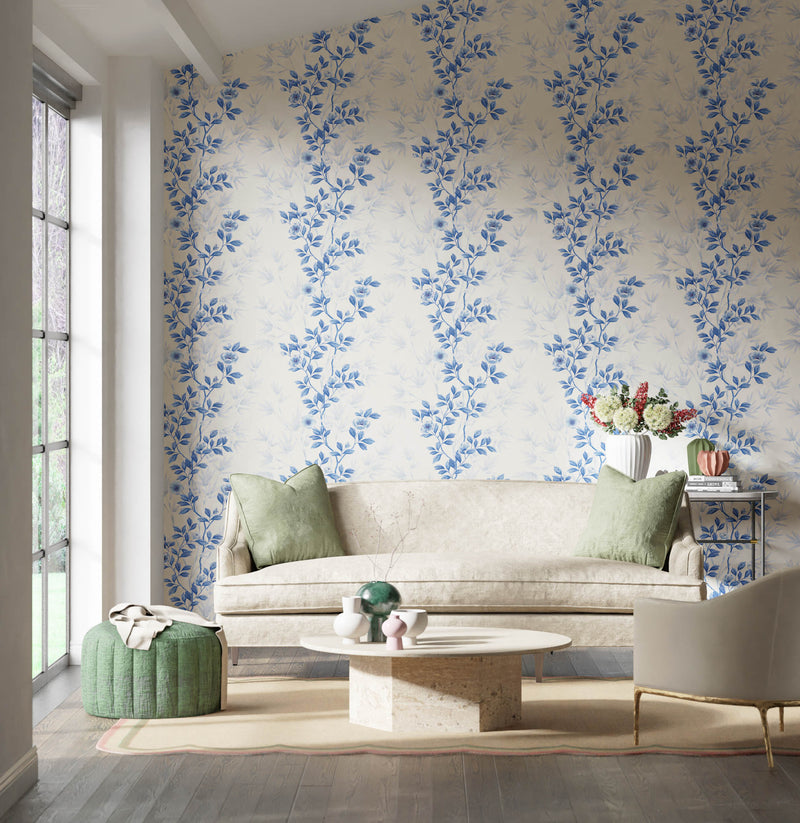 classic blue and white chinoiserie wallpaper featuring bamboo and flowers in modern living room