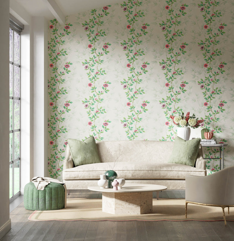 white and green floral wallpaper featuring chinoiserie style bamboo and flowers