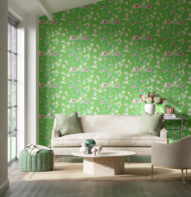 green floral wallpaper featuring chinoiserie style bamboo and flowers in modern living room