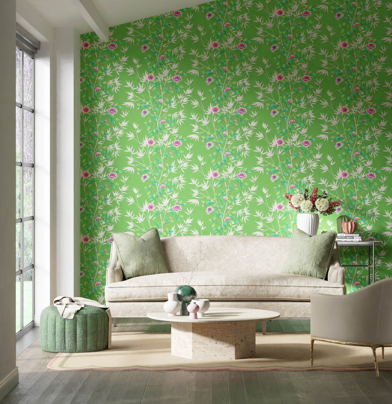 Lady Alford wallpaper - Apple/Magenta colourway, Living room wallpaper, Floral pattern, Mural wallpaper