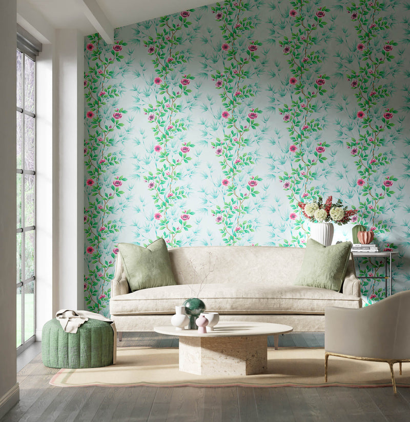 blue chinoiserie wallpaper featuring bamboo and flowers in modern living room