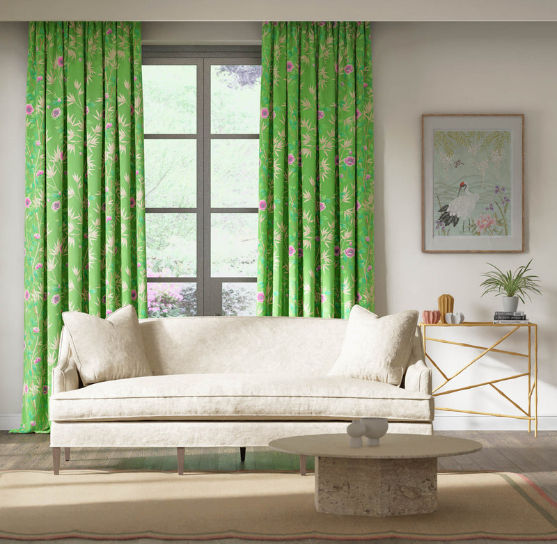 green chinoiserie fabric featuring bamboo and flowers on curtains in modern living room