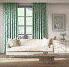 blue chinoiserie fabric featuring bamboo and flowers on curtains in modern living room