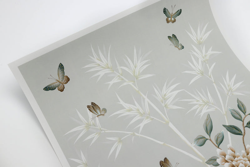 A close up of the stunning detail of the hand painted leaves and butterflies that feature within the Lilly art print by Diane Hill, with soft green, blue and bronze tones.