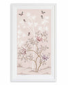 soft pink framed chinoiserie wall art print featuring butterflies, flower branches, and bamboo